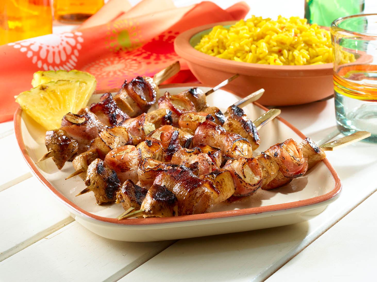 Pineapple Chicken Kabobs with Bacon