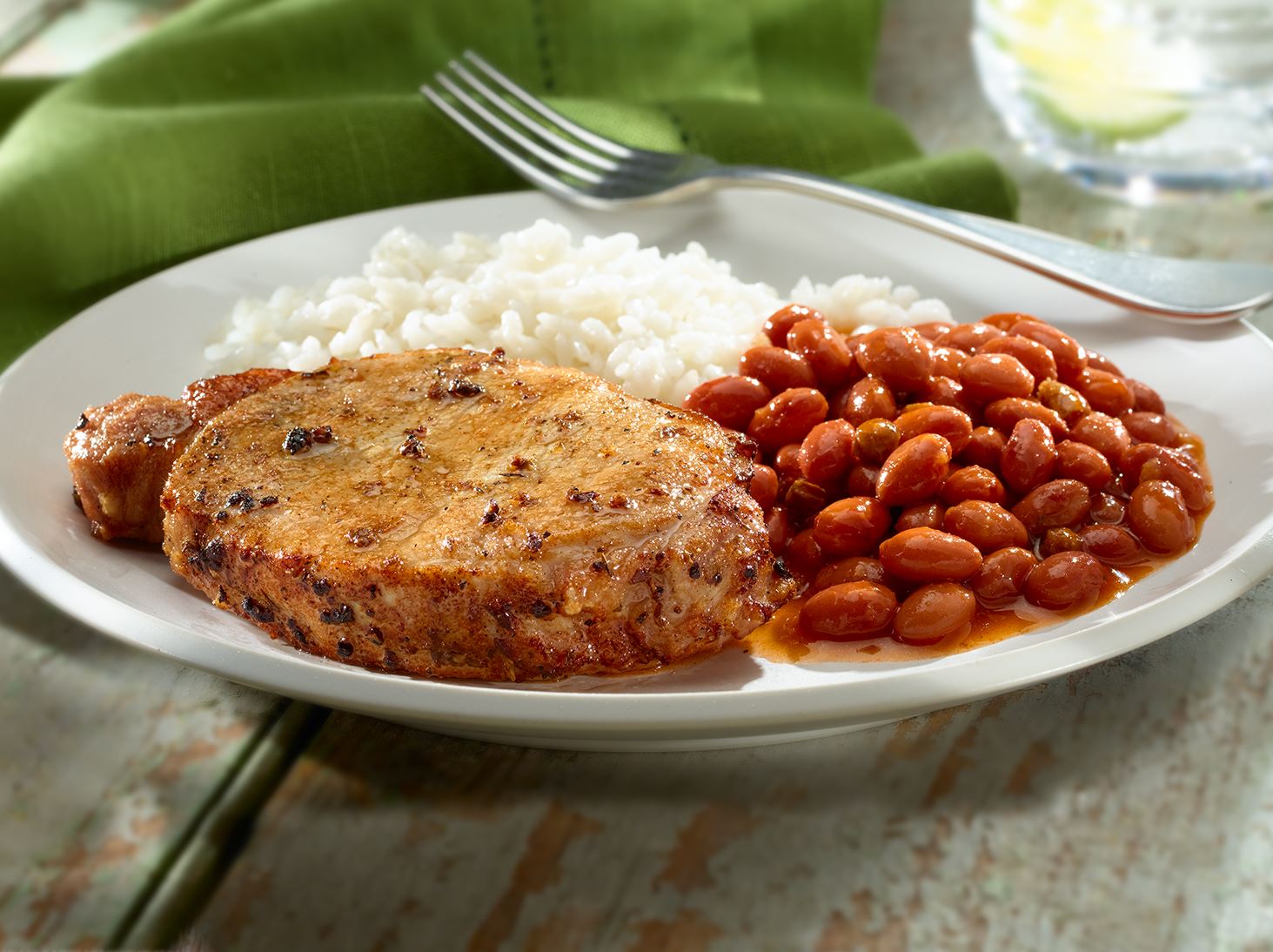 Fried Pork Chops with Rice and Pink Beans