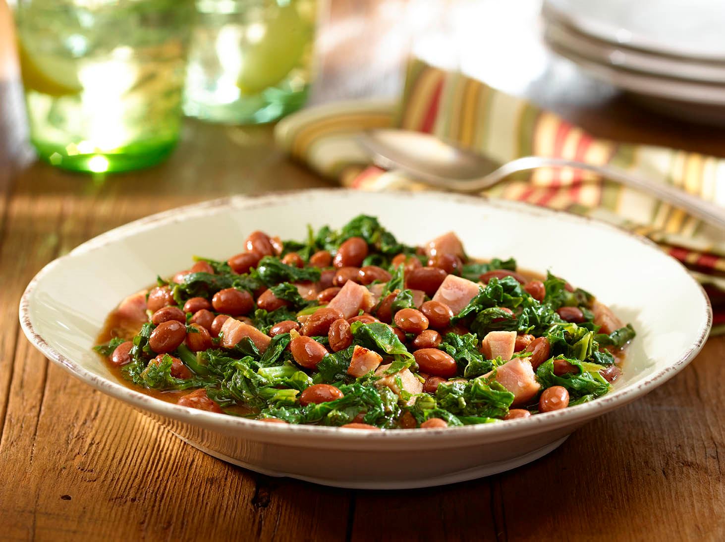 Braised Kale with Pink Beans and Ham
