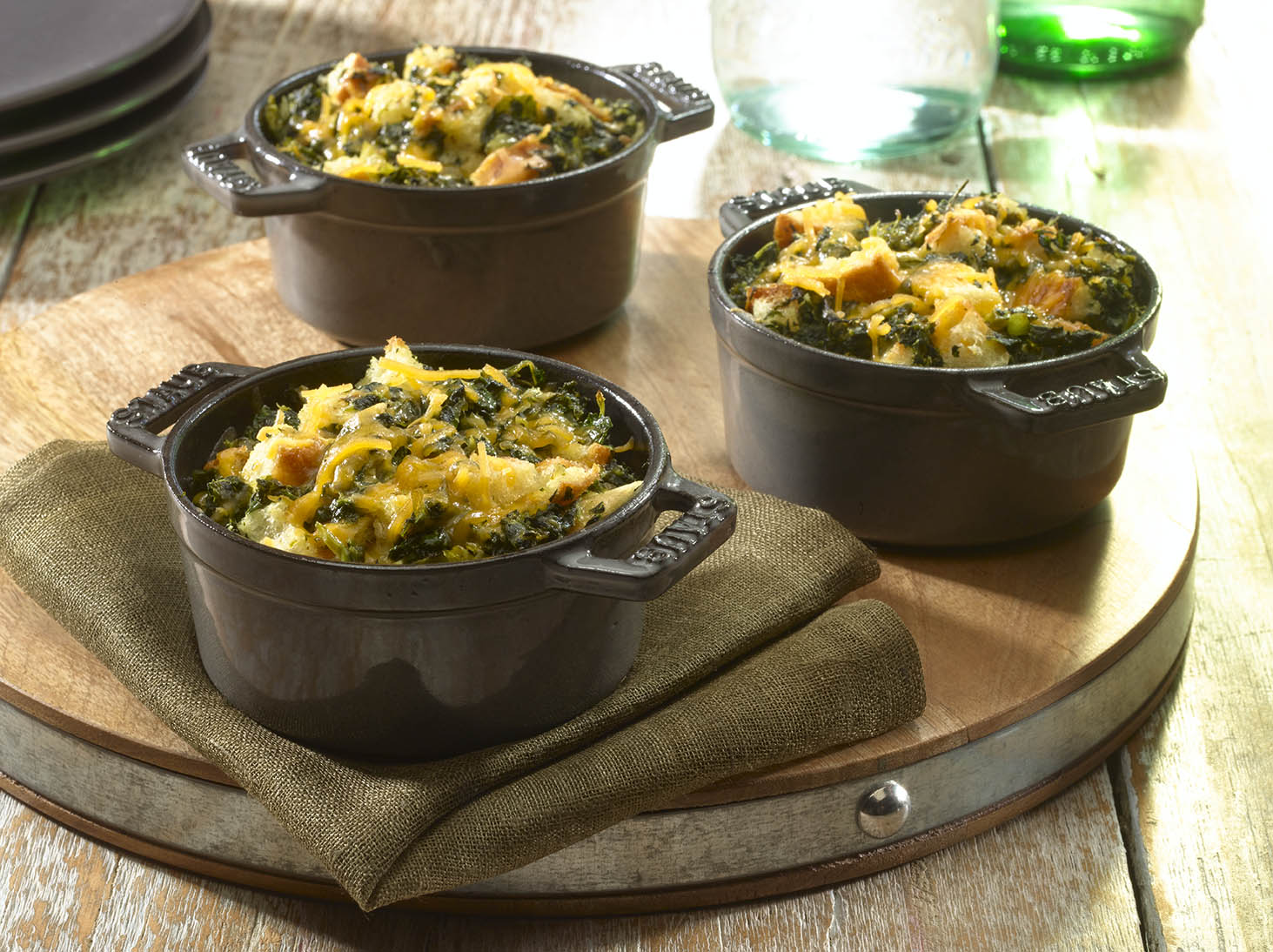 Side Dishes: Cheddar Bread Pudding with Greens