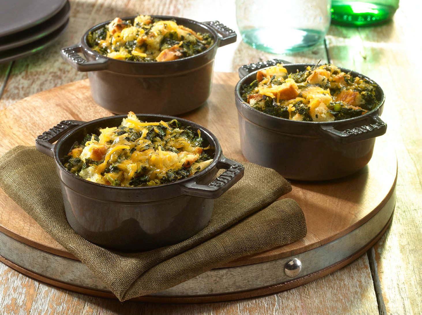 Cheddar Bread Pudding with Greens