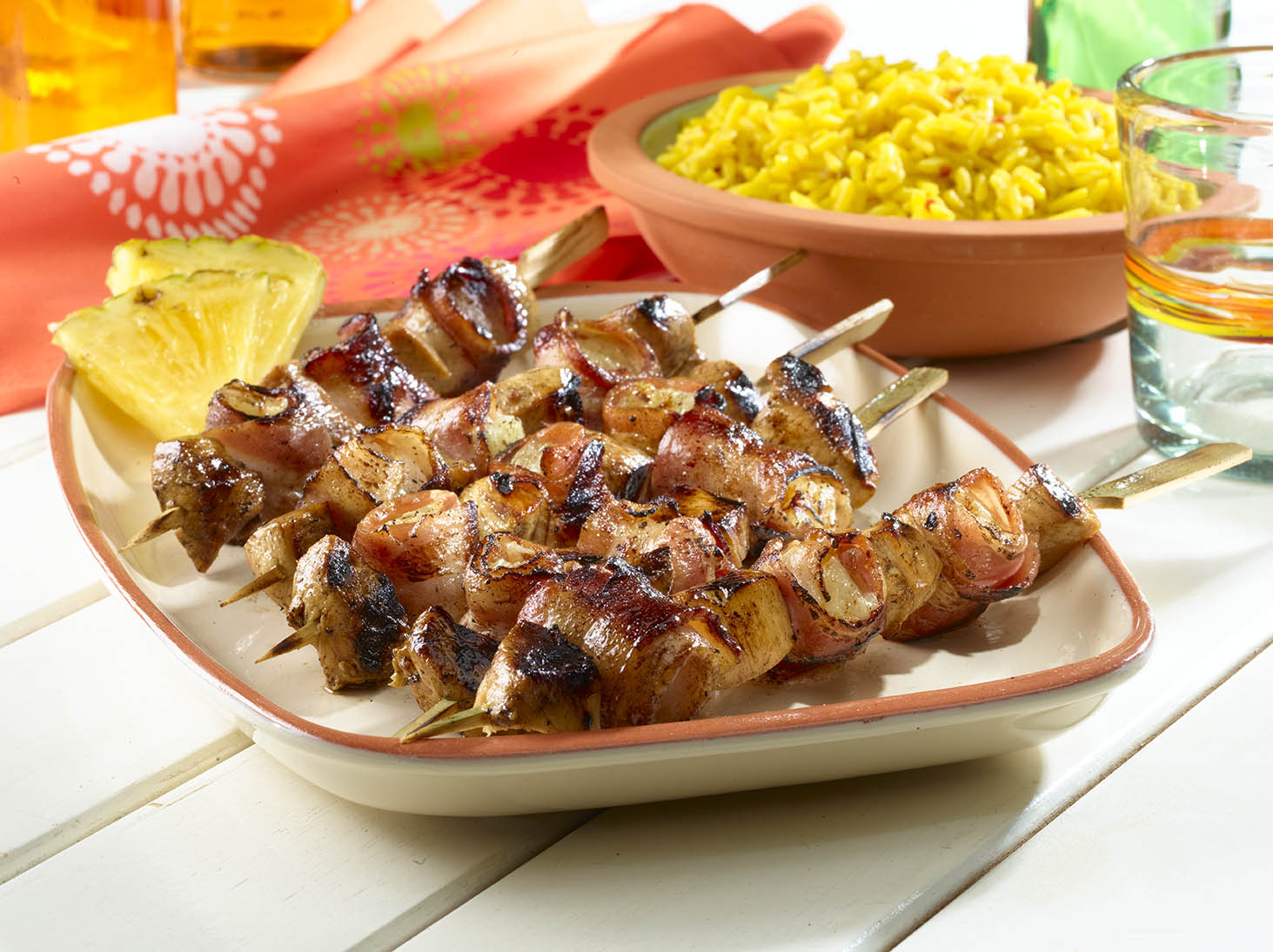 Pineapple Chicken Kabobs with Bacon