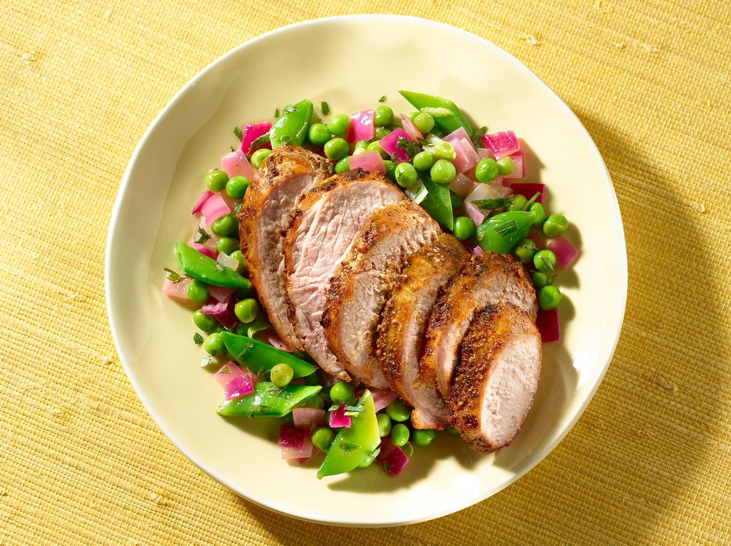 Spice-Rubbed Pork Tenderloin with Spring Mixed Pea Salad