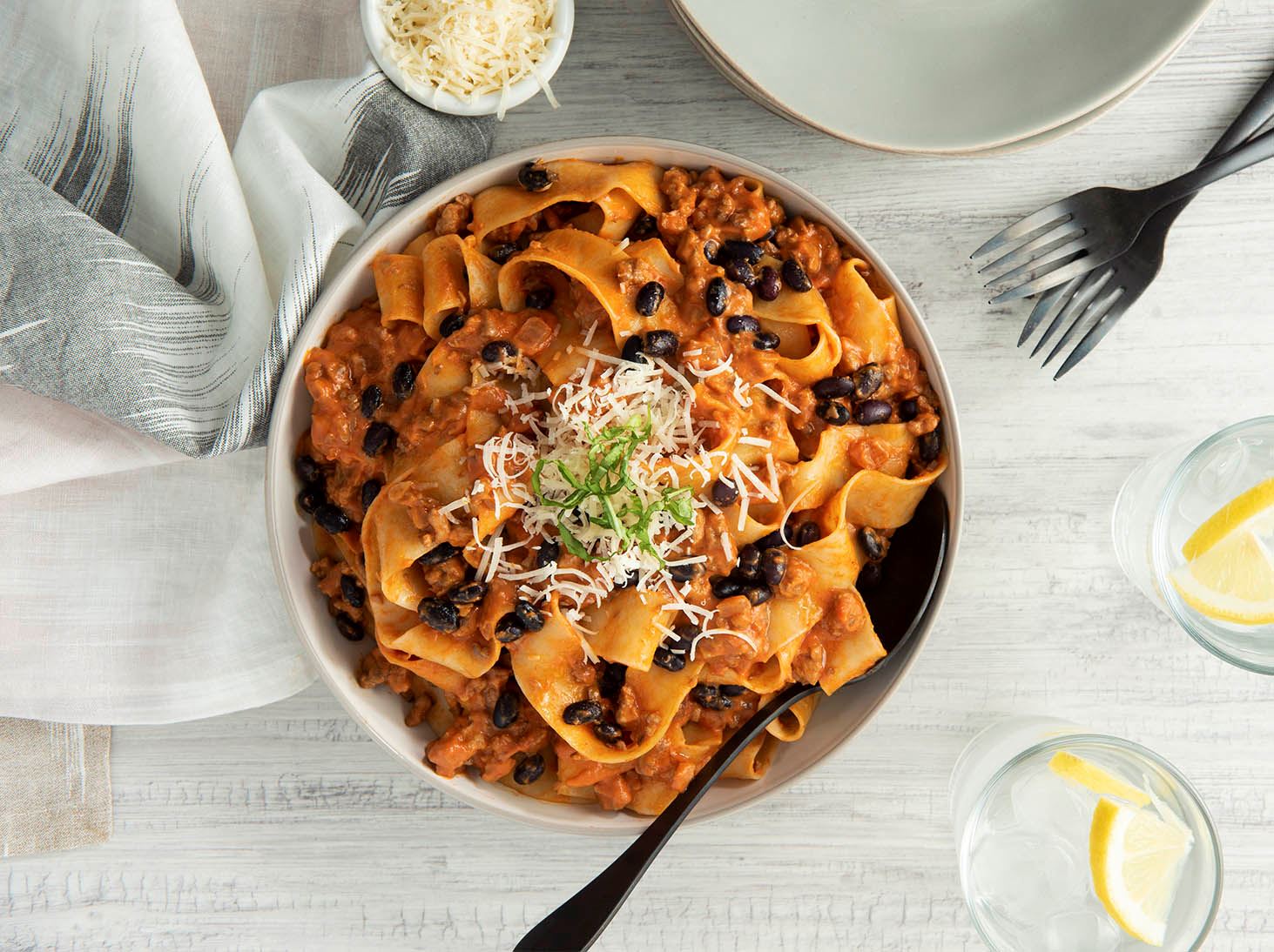 Pappardelle with Black Beans, Mushrooms and Bolognese Sauce