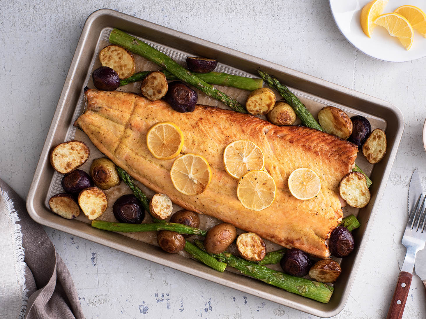 Roasted Salmon Sheet Pan Dinner with Olive Salsa