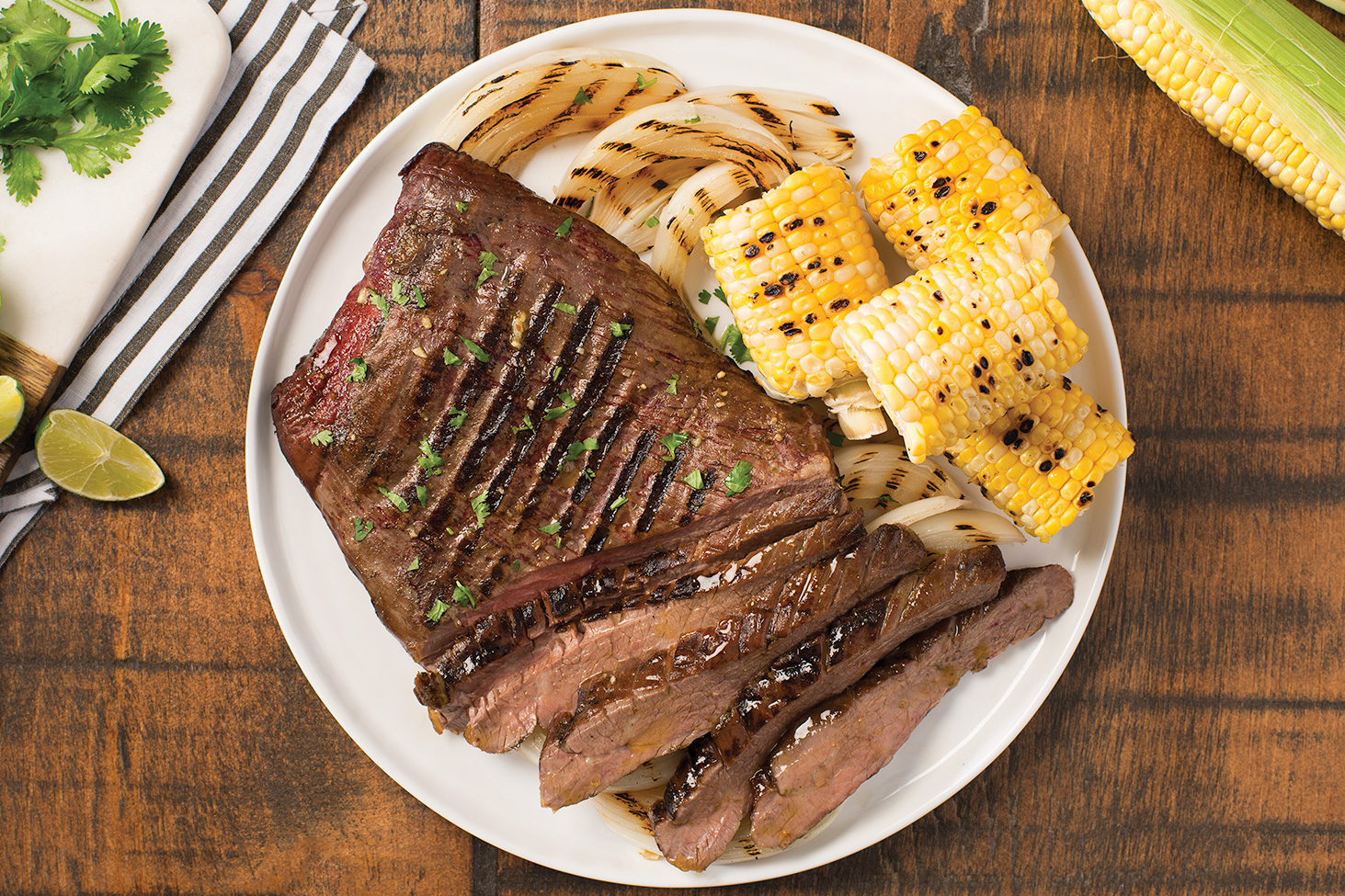 BBQ Flank Steak with Grilled Onions and Corn