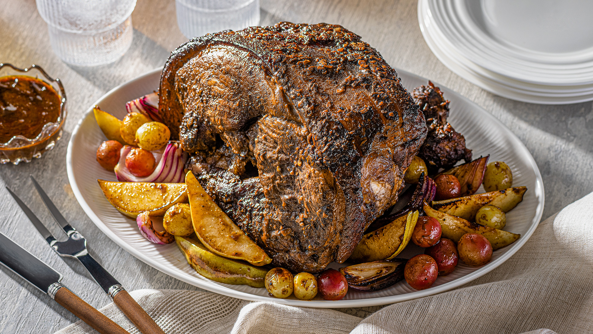 Adobo Pork Roast with Grapes & Pears