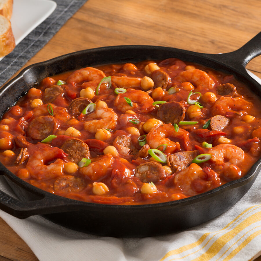 Sofrito de Garbanzos con Chorizo y Camarones