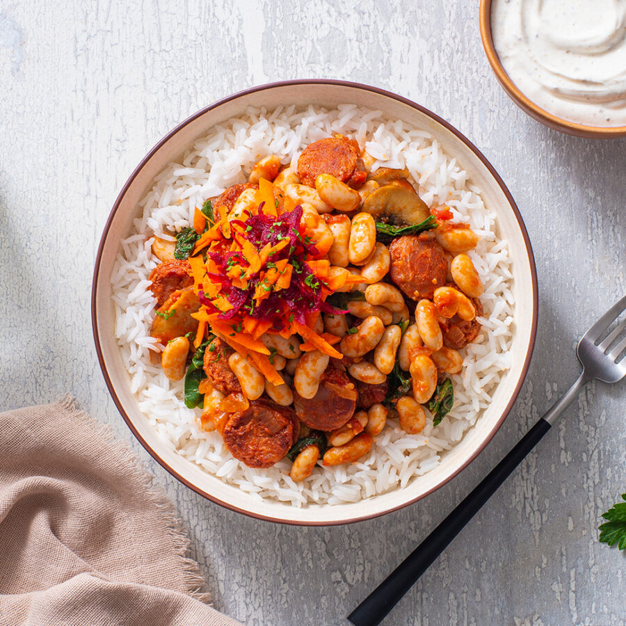 Chorizo, Rice and Cannellini Beans Bowl