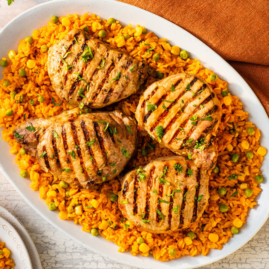 Chuletas de Cerdo con Arroz Jazmín Amarillo