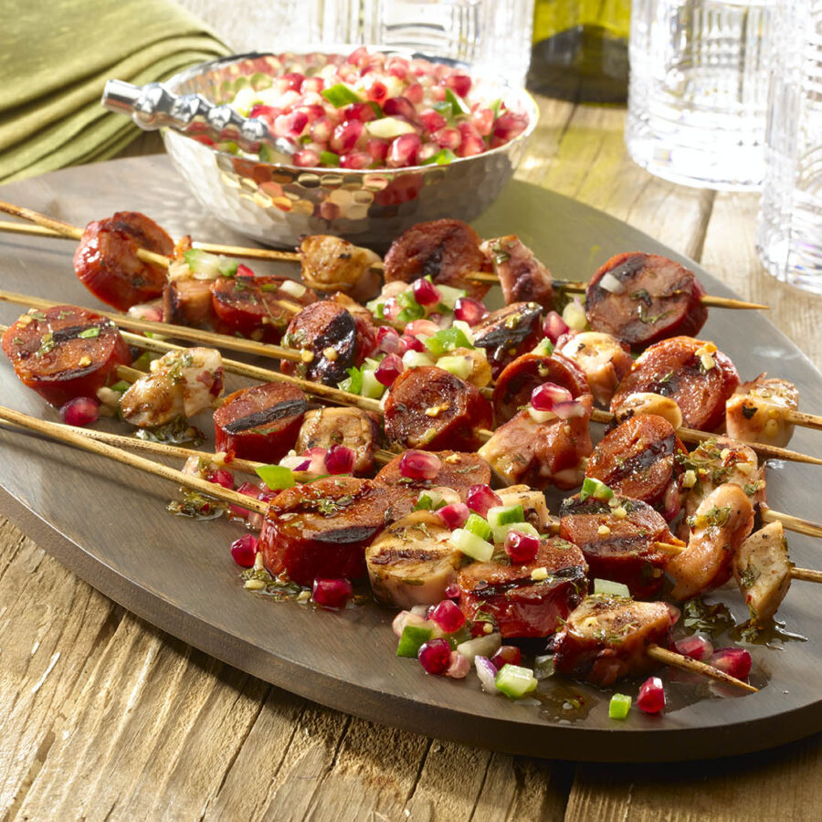 Grilled Octopus and Chorizo Skewers with Pomegranate Salsa