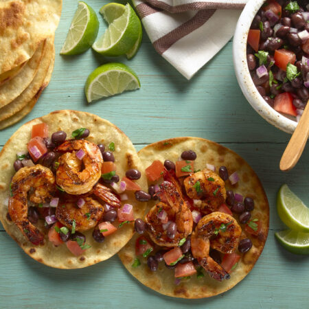 Grilled Shrimp Tostadas with Black Bean Salsa