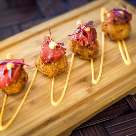 Ham Croquettes with Tuna Poke and Ají Crema