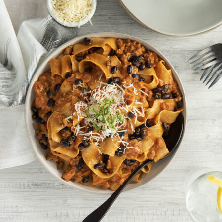 Pappardelle with Black Beans, Mushrooms and Bolognese Sauce