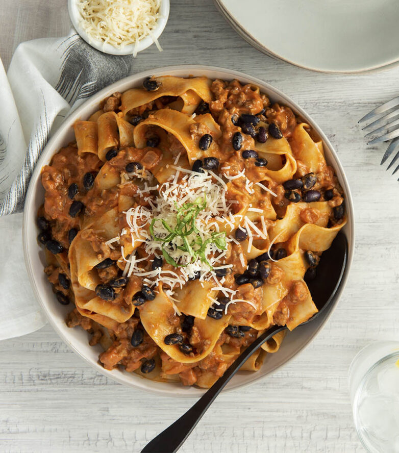 Pappardelle with Black Beans, Mushrooms and Bolognese Sauce