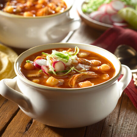 Pozole Rojo – Chicken, Pork & Hominy Stew