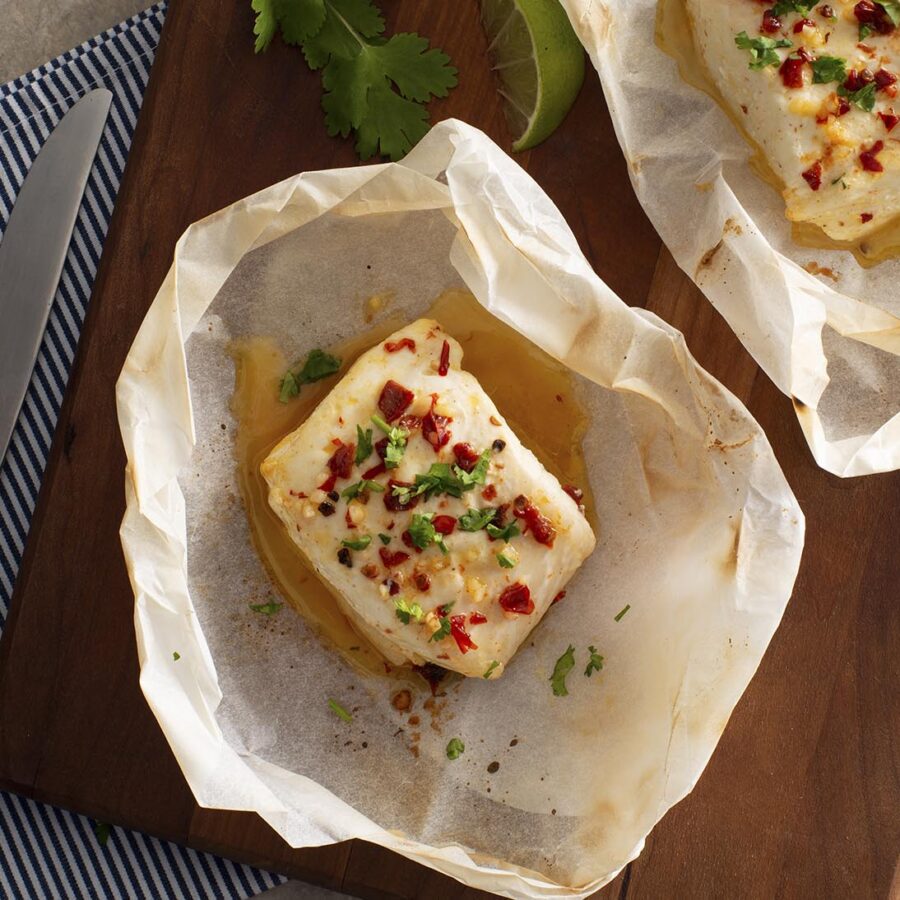 Steamed Halibut en Papillote with Chipotle Citrus Sauce