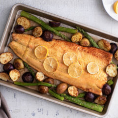 Roasted Salmon Sheet Pan Dinner with Olive Salsa