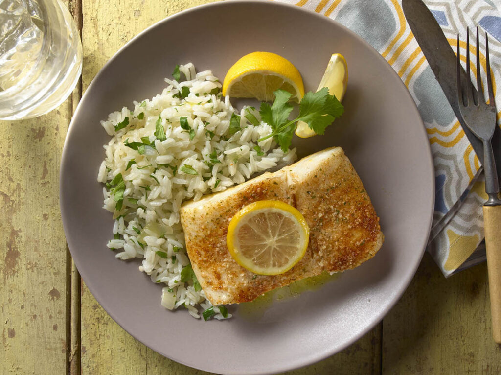  Lemon-Cilantro Steamed Halibut with Herbed Jasmine Rice 