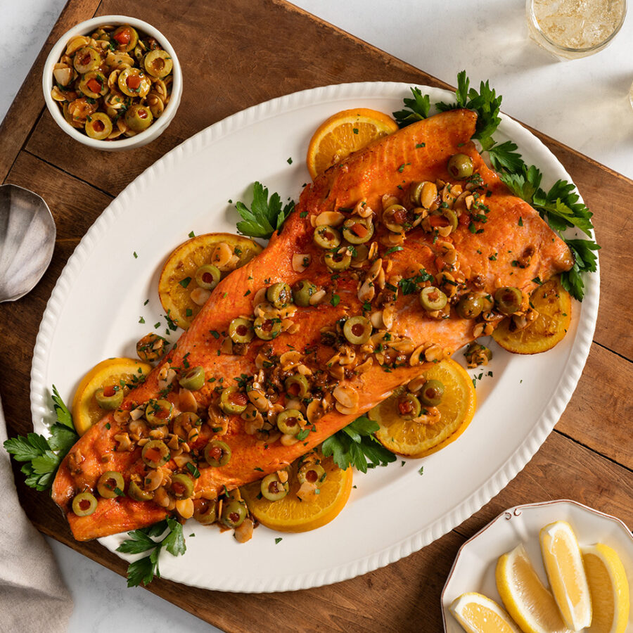 Baked Salmon with Olive and Almonds