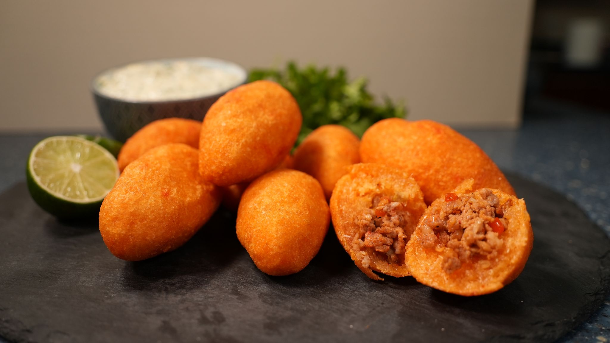 Alcapurrias with Cilantro and Aioli Sauce